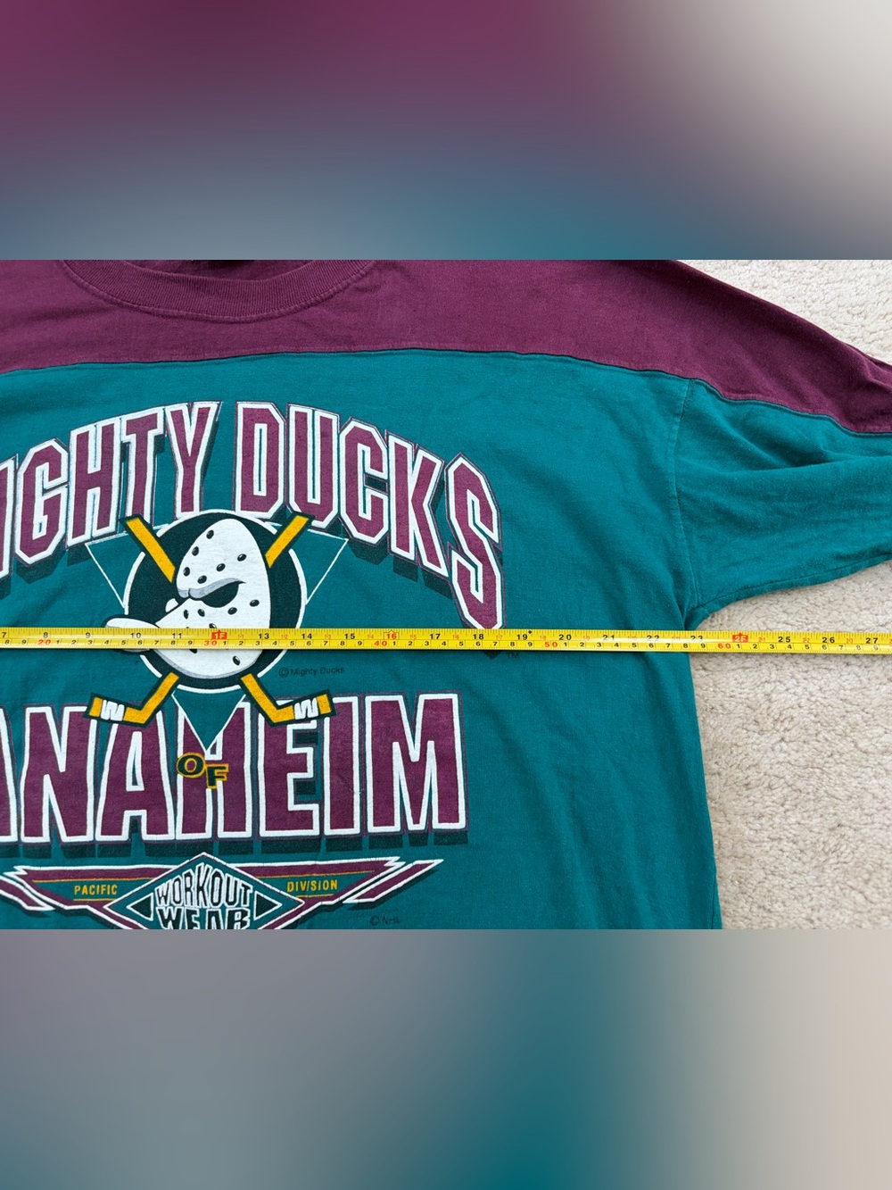 Vintage 90's Pro Edge Size Large Anaheim Mighty Ducks 3/4 Sleeve NHL Boxy Shirt - Picture 7 of 9